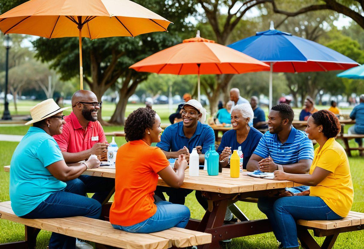 A diverse group of people from Lauderdale Lakes coming together in a community park, sharing stories and discussing insurance benefits. Incorporate symbols of protection like umbrellas and shields alongside local landmarks in the background, emphasizing unity and collaboration. Lively expressions and interactions to reflect the warmth of community spirit. sunny atmosphere. vibrant colors. super-realistic.