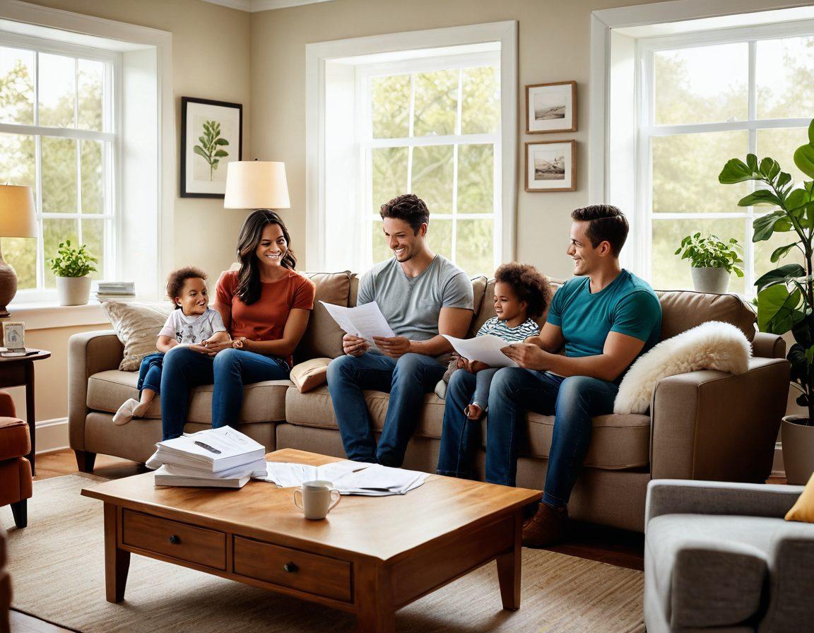 A warm, welcoming family gathered in a cozy living room, with a gentle heart symbol subtly incorporated into the background. Parents smiling while reviewing insurance documents with their children, showcasing different family dynamics and activities. Soft, natural lighting creating a nurturing atmosphere, symbolizing protection and care. Illustrative style with cheerful colors to evoke a sense of trust and comfort. super-realistic. vibrant colors. white background.