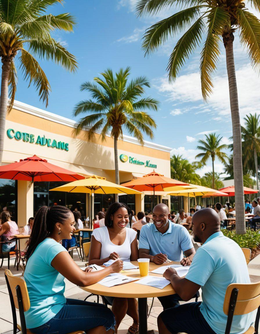 A warm and inviting scene showing diverse families gathered in a community center, sharing smiles while discussing affordable insurance options. The backdrop features elements of Lauderdale Lakes like palm trees and a sunny sky, enhancing the sense of community. Include visuals of brochures and friendly insurance agents interacting. Capture the essence of love and support among families. vibrant colors. super-realistic.
